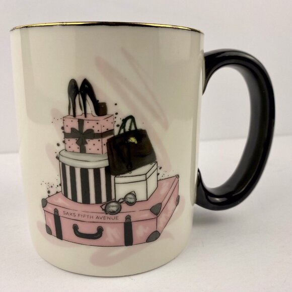 Saks Fifth Avenue New York Coffee Mug, Pink Black, Travel Essentials Cup - Picture 1 of 11